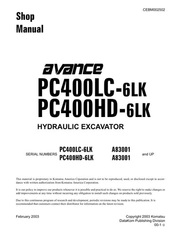 Unlock the full potential of your KOMATSU PC400LC-6LK and PC400HD-6LK excavators with the comprehensive Hydraulic Excavator Shop Manual (CEBM002502). This PDF file is an essential resource for operators and technicians, providing detailed diagrams, maintenance procedures, and troubleshooting tips to ensure optimal performance and longevity of your machinery. With easy navigation and clear instructions, you can confidently tackle repairs and maintenance tasks, saving time and reducing downtime. Invest in thi