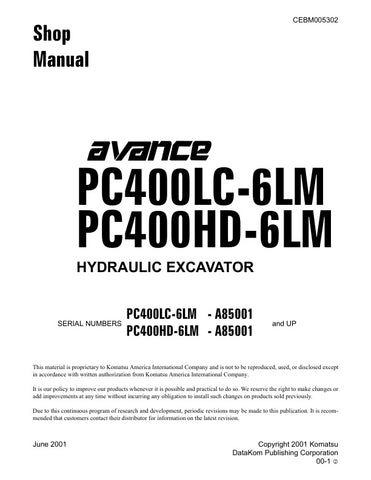 Unlock the full potential of your KOMATSU PC400LC-6LM and PC400HD-6LM excavators with the comprehensive Hydraulic Excavator Shop Manual (CEBM005302). This PDF file is an essential resource for operators and technicians, providing detailed insights into maintenance, troubleshooting, and repair procedures. With clear diagrams and step-by-step instructions, you can ensure optimal performance and longevity of your machinery, saving time and reducing costly downtime. Invest in this manual today to enhance your 