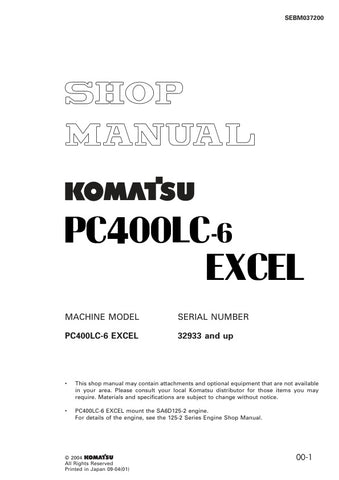 Unlock the full potential of your KOMATSU PC400LC-6 EXCEL with the comprehensive Shop Manual SEBM037200, designed for models 32933 and up. This PDF file is an essential resource for technicians and DIY enthusiasts alike, providing detailed diagrams, troubleshooting tips, and maintenance procedures to ensure your equipment operates at peak performance. With easy navigation and clear instructions, this manual empowers you to tackle repairs confidently, saving you time and money. Don't miss out on the opportun