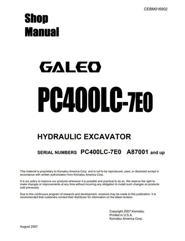 Unlock the full potential of your KOMATSU PC400LC-7E0 hydraulic excavator with the comprehensive A87001 Shop Manual (CEBM016902) in PDF format. This essential resource provides detailed insights into maintenance, troubleshooting, and repair procedures, ensuring your equipment operates at peak performance. With easy navigation and clear illustrations, this manual is designed for both seasoned professionals and DIY enthusiasts, making it an invaluable addition to your machinery toolkit. Don't miss the opportu
