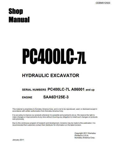 Unlock the full potential of your KOMATSU PC400LC-7L hydraulic excavator with the comprehensive SAA6D125E-3 Shop Manual (CEBM012503) in PDF format. This essential resource provides detailed schematics, maintenance guidelines, and troubleshooting tips, ensuring your machine operates at peak performance. Perfect for both seasoned professionals and DIY enthusiasts, this manual is your go-to guide for efficient repairs and upkeep, saving you time and money while extending the life of your equipment. Don't miss 