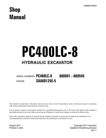 Unlock the full potential of your KOMATSU PC400LC-8 excavator with the comprehensive Hydraulic Excavator Shop Manual (CEBM018803) in PDF format. This essential resource provides detailed insights into maintenance, troubleshooting, and repair procedures, ensuring your machine operates at peak performance. With easy navigation and clear illustrations, this manual is designed for both seasoned professionals and DIY enthusiasts, making it an invaluable addition to your equipment toolkit. Don't miss the opportun