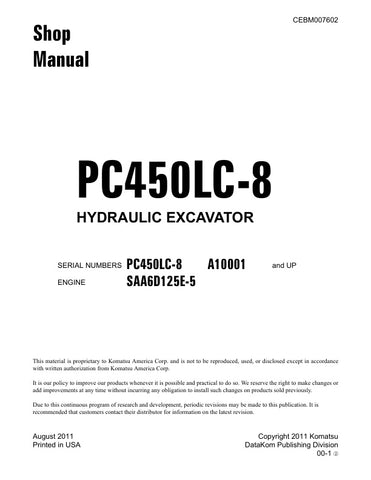 Unlock the full potential of your KOMATSU PC450LC-8 excavator with the comprehensive Hydraulic Excavator Shop Manual (CEBM007602). This PDF file is an essential resource for operators and technicians, providing detailed insights into maintenance, troubleshooting, and repair procedures. With clear illustrations and step-by-step instructions, you can ensure optimal performance and longevity of your equipment. Invest in this manual today to enhance your operational efficiency and reduce downtime.