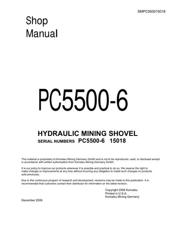 Unlock the full potential of your KOMATSU PC5500-6 hydraulic mining shovel with the comprehensive SMPC550015018 shop manual. This PDF file is an essential resource for operators and maintenance professionals, providing detailed insights into the machine's specifications, maintenance procedures, and troubleshooting tips. Enhance your operational efficiency and ensure optimal performance with this user-friendly guide, designed to keep your equipment running smoothly and effectively. Don't miss out on the oppo