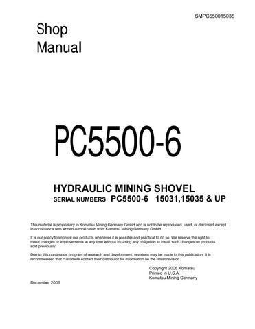 Unlock the full potential of your KOMATSU PC5500-6 hydraulic mining excavator with the comprehensive Shop Manual SMPC550015035. This PDF file is an essential resource for operators and technicians, providing detailed insights into maintenance, troubleshooting, and repair procedures. With clear diagrams and step-by-step instructions, you can ensure optimal performance and longevity of your equipment, minimizing downtime and maximizing productivity. Invest in this invaluable manual today and keep your excavat