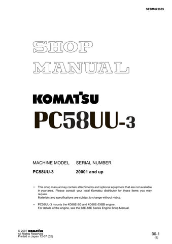 Unlock the full potential of your KOMATSU PC58UU-3 with the comprehensive SHOP MANUAL SEBM023909, available as a convenient PDF file. This essential resource provides detailed insights into maintenance, troubleshooting, and repair procedures, ensuring your equipment operates at peak performance. With easy navigation and clear illustrations, this manual is designed for both seasoned professionals and DIY enthusiasts, making it an invaluable addition to your toolkit. Don't miss the opportunity to enhance your