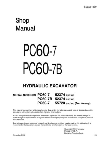 Unlock the full potential of your KOMATSU PC60-7 and PC60-7B hydraulic excavators with the comprehensive shop manual SEBM010911, available in a convenient PDF format. This essential resource provides detailed diagrams, maintenance tips, and troubleshooting guidance, ensuring you can keep your machinery running smoothly and efficiently. Perfect for both seasoned professionals and DIY enthusiasts, this manual is your go-to guide for maximizing performance and minimizing downtime. Don't miss out on the opportu