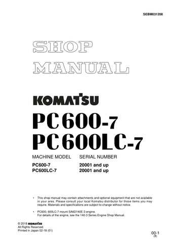 Unlock the full potential of your KOMATSU PC600-7 and PC600LC-7 excavators with the comprehensive SHOP MANUAL SEBM031208, available in a convenient PDF format. This essential resource provides detailed insights into maintenance, troubleshooting, and repair procedures, ensuring your machinery operates at peak performance. With easy navigation and clear illustrations, this manual is designed for both seasoned professionals and DIY enthusiasts, making it an invaluable addition to your equipment toolkit. Don't 