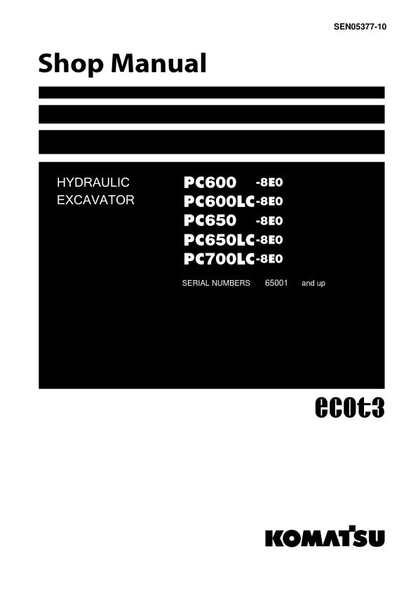 Unlock the full potential of your KOMATSU hydraulic excavators with the comprehensive SHOP MANUAL SEN05377-10, designed specifically for models PC600-8E0, PC600LC-8E0, PC650-8E0, PC650LC-8E0, and PC700LC-8E0. This PDF file is an essential resource for operators and technicians, providing detailed insights into maintenance, troubleshooting, and repair procedures. With clear diagrams and step-by-step instructions, you can ensure optimal performance and longevity of your equipment, making it a must-have for an