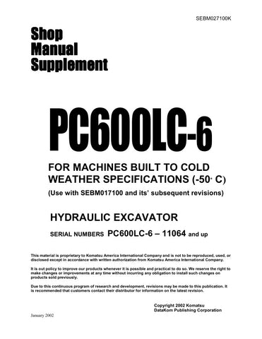 Unlock the full potential of your KOMATSU PC600LC-6 excavator with the comprehensive Hydraulic Excavator Shop Manual (SEBM027100K). This PDF file is an essential resource for operators and technicians, providing detailed insights into maintenance, troubleshooting, and repair procedures. With clear diagrams and step-by-step instructions, you can ensure optimal performance and longevity of your equipment. Invest in this manual today to enhance your operational efficiency and reduce downtime.