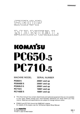 Unlock the full potential of your Komatsu machinery with the KOMATSU PC650-5, PC650SE-5, PC650LC-5, PC710-5, and PC710SE-5 Shop Manual (SEBM000607) in PDF format. This comprehensive manual provides detailed insights into maintenance, troubleshooting, and repair procedures, ensuring your equipment operates at peak performance. With easy navigation and clear illustrations, you can quickly find the information you need to keep your machines running smoothly and efficiently. Invest in this essential resource to
