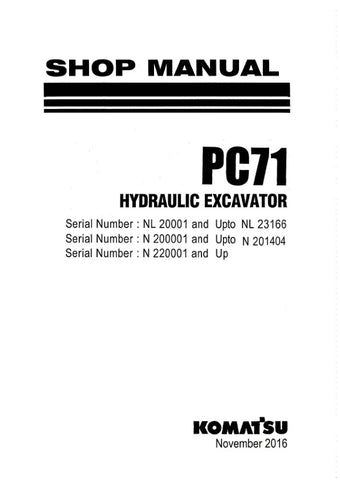 Unlock the full potential of your KOMATSU PC71 hydraulic excavator with our comprehensive shop manual, covering models NL20001-NL23166, N200001-N201404, and N220001 & UP. This PDF file is an essential resource for operators and technicians alike, providing detailed diagrams, maintenance tips, and troubleshooting guidance to ensure optimal performance and longevity of your equipment. Streamline your repair processes and enhance your operational efficiency with this indispensable manual at your fingertips.