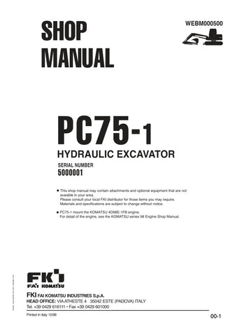 Unlock the full potential of your KOMATSU PC75-1 Hydraulic Excavator with the comprehensive Shop Manual (WEBM000500) in PDF format. This essential resource, designed for models 5000001 and up, provides detailed insights into maintenance, troubleshooting, and repair procedures, ensuring your equipment operates at peak performance. With easy navigation and clear illustrations, this manual is a must-have for both professionals and DIY enthusiasts looking to enhance their excavator's longevity and efficiency. 