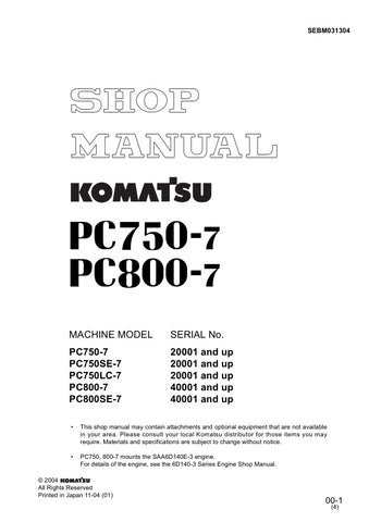 Unlock the full potential of your Komatsu heavy machinery with the KOMATSU PC750-7, PC750SE-7, PC750LC-7, PC800-7, and PC800SE-7 Shop Manual (SEBM031304) in PDF format. This comprehensive manual provides detailed insights into maintenance, troubleshooting, and repair procedures, ensuring your equipment operates at peak performance. With easy navigation and clear illustrations, you can quickly find the information you need to keep your machines running smoothly and efficiently. Invest in this essential resou