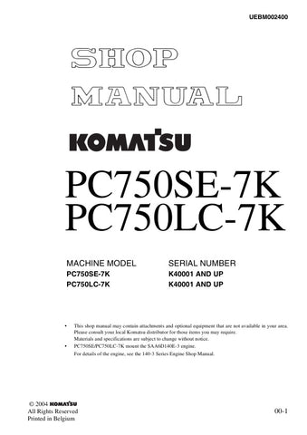 Unlock the full potential of your KOMATSU PC750SE-7K and PC750LC-7K excavators with the comprehensive SHOP MANUAL UEBM002400, available as a convenient PDF file. This essential resource provides detailed insights into maintenance, troubleshooting, and repair procedures, ensuring your machinery operates at peak performance. With easy navigation and clear illustrations, this manual is designed for both seasoned professionals and DIY enthusiasts, making it an invaluable addition to your equipment toolkit. Don'