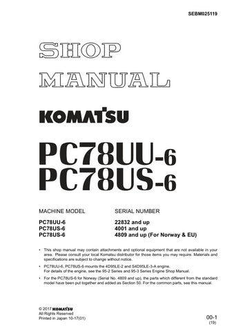 Unlock the full potential of your KOMATSU PC78UU-6 and PC78US-6 excavators with the comprehensive SHOP MANUAL SEBM025119, available in a convenient PDF format. This essential guide provides detailed insights into maintenance, troubleshooting, and repair procedures, ensuring your machinery operates at peak performance. With easy navigation and clear illustrations, this manual is an invaluable resource for both seasoned professionals and DIY enthusiasts. Enhance your operational efficiency and prolong the lif