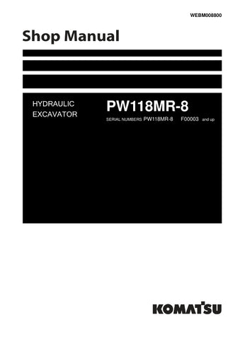 Unlock the full potential of your KOMATSU PW118MR-8 hydraulic excavator with the comprehensive shop manual (WEBM008800) in PDF format. This essential resource provides detailed diagrams, maintenance tips, and troubleshooting guidance, ensuring you can keep your equipment running smoothly and efficiently. Perfect for both seasoned professionals and DIY enthusiasts, this manual is your go-to guide for maximizing performance and minimizing downtime. Download now and take the first step towards enhanced product