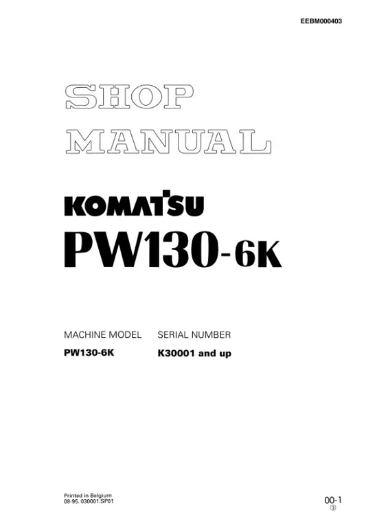 Unlock the full potential of your Komatsu PW130-6K with the comprehensive Shop Manual EEBM000403, designed specifically for models K30001 and up. This PDF file is an essential resource for technicians and DIY enthusiasts alike, providing detailed instructions, schematics, and troubleshooting tips to ensure optimal performance and maintenance of your equipment. With easy navigation and clear illustrations, you can confidently tackle repairs and keep your machine running smoothly, saving time and money in the