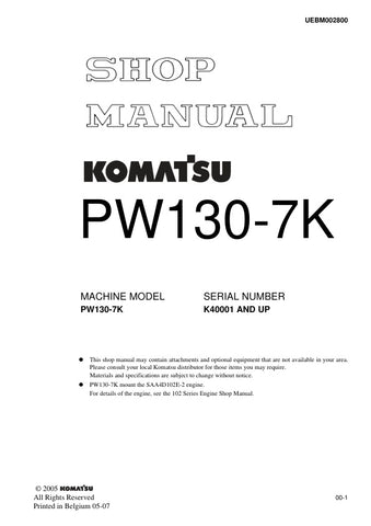 Unlock the full potential of your KOMATSU PW130-7K with the comprehensive SHOP MANUAL UEBM002800, designed specifically for models K40001 and up. This PDF file is an essential resource for technicians and DIY enthusiasts alike, offering detailed diagrams, troubleshooting tips, and maintenance procedures to keep your equipment running smoothly. With easy navigation and clear instructions, you can ensure optimal performance and longevity of your machine. Invest in this invaluable manual today and take the gue