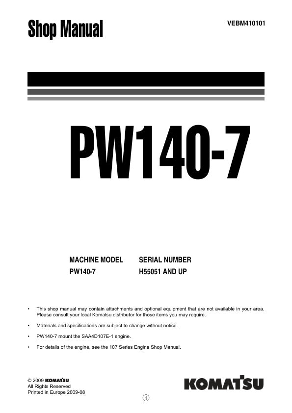 Unlock the full potential of your KOMATSU PW140-7 with the comprehensive SHOP MANUAL VEBM410101, available as a convenient PDF file. This essential resource provides detailed insights into maintenance, troubleshooting, and repair procedures, ensuring your equipment operates at peak performance. With easy navigation and clear illustrations, this manual is designed for both seasoned professionals and DIY enthusiasts, making it an invaluable addition to your toolkit. Don't miss the opportunity to enhance your 