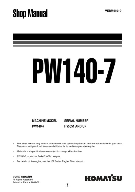 Unlock the full potential of your KOMATSU PW140-7 with the comprehensive SHOP MANUAL VEBM410101, available as a convenient PDF file. This essential resource provides detailed insights into maintenance, troubleshooting, and repair procedures, ensuring your equipment operates at peak performance. With easy navigation and clear illustrations, this manual is designed for both seasoned professionals and DIY enthusiasts, making it an invaluable addition to your toolkit. Don't miss the opportunity to enhance your 