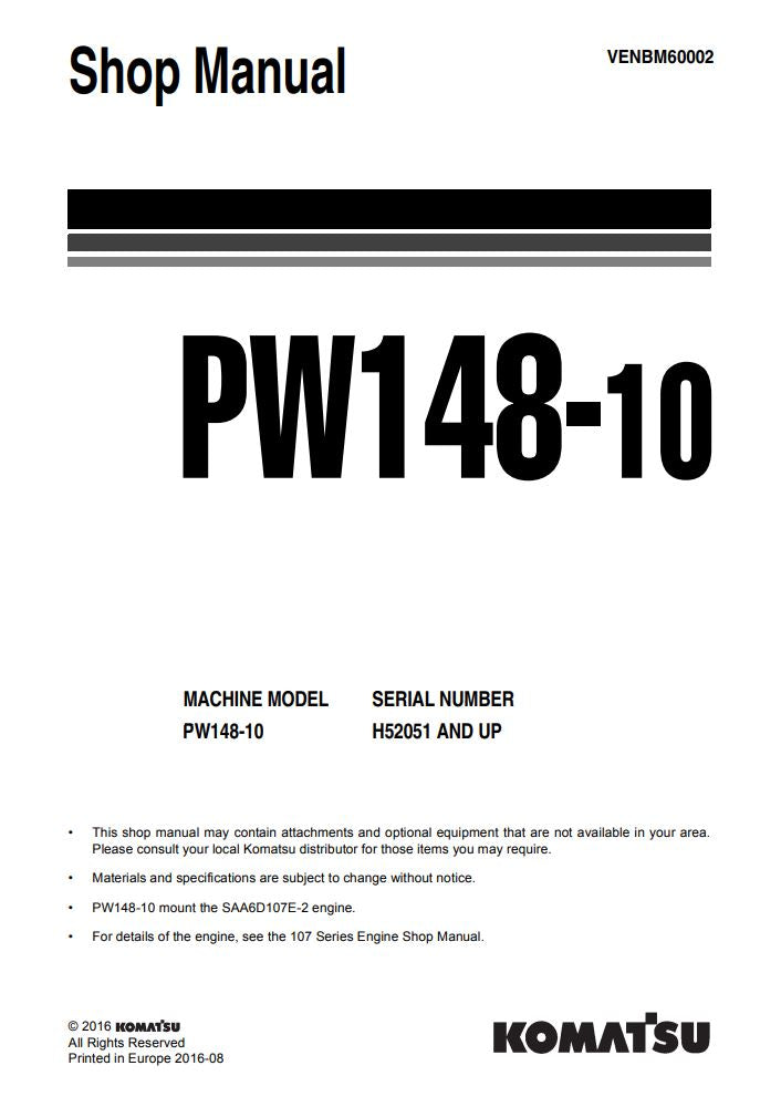 Unlock the full potential of your KOMATSU PW148-10 with the comprehensive SHOP MANUAL (VENBM60002) in PDF format. This essential resource provides detailed insights into maintenance, troubleshooting, and repair procedures, ensuring your equipment operates at peak performance. With easy navigation and clear illustrations, this manual is designed for both seasoned professionals and DIY enthusiasts, making it an invaluable addition to your toolkit. Don't miss out on the opportunity to enhance your operational 