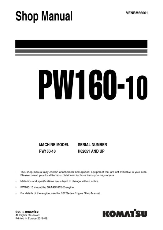 Unlock the full potential of your KOMATSU PW160-10 with the comprehensive SHOP MANUAL (VENBM66001) in PDF format. This essential guide provides detailed insights into maintenance, troubleshooting, and repair procedures, ensuring your equipment operates at peak performance. With easy navigation and clear illustrations, this manual is designed for both seasoned professionals and DIY enthusiasts, making it an invaluable resource for keeping your machinery in top condition. Don't miss out on the opportunity to 
