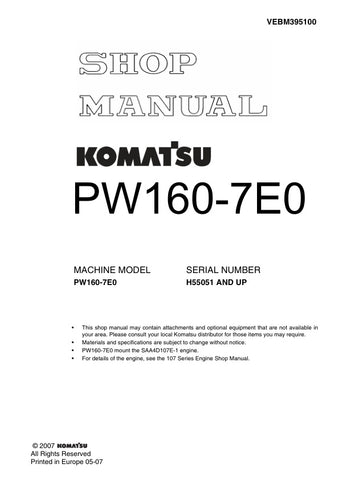 Unlock the full potential of your KOMATSU PW160-7E0 with the comprehensive SHOP MANUAL VEBM395100. This PDF file is an essential resource for operators and technicians, providing detailed insights into maintenance, troubleshooting, and repair procedures tailored specifically for models H55051 and up.