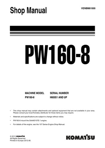 Unlock the full potential of your KOMATSU PW160-8 with the comprehensive SHOP MANUAL VENBM61000, designed specifically for models H60051 and up. This PDF file is an essential resource for operators and technicians, providing detailed insights into maintenance, troubleshooting, and repair procedures. With easy navigation and clear illustrations, you can ensure your equipment runs smoothly and efficiently, minimizing downtime and maximizing productivity. Invest in this invaluable manual today and keep your KO