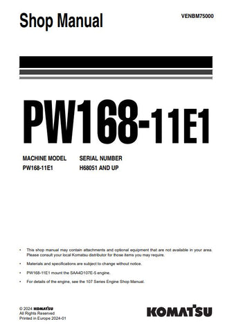 Unlock the full potential of your KOMATSU PW168-11E1 with the comprehensive H68051 & UP Shop Manual (VENBM75000) in PDF format. This essential resource provides detailed insights into maintenance, troubleshooting, and repair procedures, ensuring your equipment operates at peak performance. With easy navigation and clear illustrations, this manual is designed for both seasoned professionals and DIY enthusiasts, making it an invaluable addition to your toolkit. Don't miss the opportunity to enhance your opera