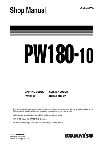 Unlock the full potential of your KOMATSU PW180-10 with the comprehensive SHOP MANUAL VENBM63000, designed for models H60051 and up. This PDF file is an essential resource for technicians and DIY enthusiasts alike, providing detailed schematics, maintenance guidelines, and troubleshooting tips to ensure optimal performance and longevity of your equipment. With easy navigation and clear instructions, you can confidently tackle repairs and maintenance tasks, saving time and money while keeping your machinery 