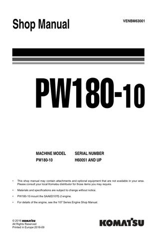 Unlock the full potential of your KOMATSU PW180-10 with the comprehensive SHOP MANUAL (VENBM63001) in PDF format. This essential resource provides detailed insights into maintenance, troubleshooting, and repair procedures, ensuring your equipment operates at peak performance. With easy navigation and clear illustrations, this manual is designed for both seasoned professionals and DIY enthusiasts, making it an invaluable addition to your toolkit. Don't miss out on the opportunity to enhance your operational 