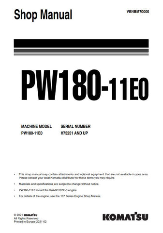 Unlock the full potential of your KOMATSU PW180-11E0 with the comprehensive SHOP MANUAL VENBM70000, available as a convenient PDF file. This essential resource provides detailed insights into maintenance, troubleshooting, and repair procedures, ensuring your equipment operates at peak performance. With easy navigation and clear illustrations, this manual is designed for both seasoned professionals and DIY enthusiasts, making it an invaluable addition to your toolkit. Don't miss the opportunity to enhance yo