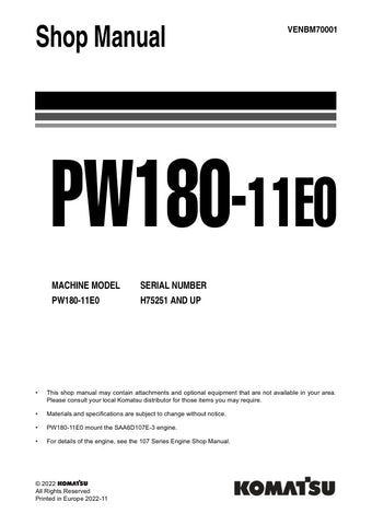 Unlock the full potential of your KOMATSU PW180-11E0 with the comprehensive SHOP MANUAL VENBM70001, available as a convenient PDF file. This essential resource provides detailed insights into maintenance, troubleshooting, and repair procedures, ensuring your equipment operates at peak performance. With easy navigation and clear illustrations, this manual is designed for both seasoned professionals and DIY enthusiasts, making it an invaluable addition to your toolkit. Don't miss out on the opportunity to enh