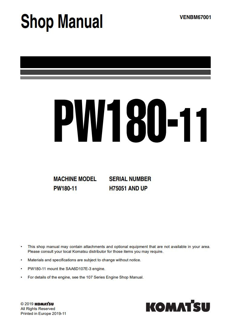 Unlock the full potential of your KOMATSU PW180-11 with the comprehensive SHOP MANUAL (H75051 & UP) in PDF format (VENBM67001). This essential resource provides detailed insights into maintenance, troubleshooting, and repair procedures, ensuring your equipment operates at peak performance. With easy navigation and clear illustrations, this manual is designed for both seasoned professionals and DIY enthusiasts, making it an invaluable addition to your toolkit. Don't miss out on the opportunity to enhance you