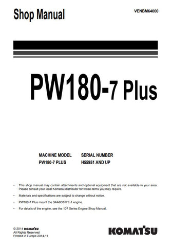 Unlock the full potential of your Komatsu PW180-7 Plus with the comprehensive shop manual (VENBM64000) in PDF format. This essential resource provides detailed insights into maintenance, troubleshooting, and repair procedures, ensuring your equipment operates at peak performance. With easy navigation and clear illustrations, this manual is designed for both seasoned professionals and DIY enthusiasts, making it an invaluable addition to your toolkit. Don't miss the opportunity to enhance your operational eff