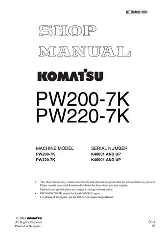 Unlock the full potential of your KOMATSU PW200-7K and PW220-7K with the comprehensive SHOP MANUAL UEBM001901, available as a convenient PDF file. This essential resource provides detailed insights into maintenance, troubleshooting, and repair procedures, ensuring your machinery operates at peak performance. With easy navigation and clear illustrations, this manual is designed for both seasoned professionals and DIY enthusiasts, making it an invaluable addition to your toolkit. Don't miss the opportunity to