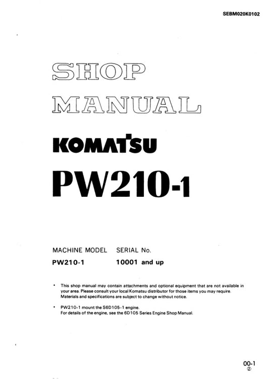 Unlock the full potential of your KOMATSU PW210-1 with the comprehensive Shop Manual SEBM020K0102, designed for models 10001 and up. This PDF file is an essential resource for technicians and DIY enthusiasts alike, providing detailed instructions, schematics, and troubleshooting tips to ensure optimal performance and maintenance of your equipment. With easy navigation and clear illustrations, you can confidently tackle repairs and keep your machine running smoothly. Invest in this invaluable manual today an