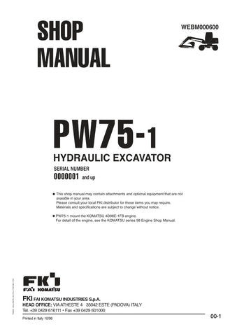 Unlock the full potential of your KOMATSU PW75-1 hydraulic excavator with the comprehensive Shop Manual (WEBM000600) in PDF format. This essential guide provides detailed schematics, maintenance tips, and troubleshooting advice, ensuring you can keep your equipment running smoothly and efficiently. Perfect for both seasoned professionals and DIY enthusiasts, this manual is your go-to resource for maximizing performance and minimizing downtime. Don't miss out on the opportunity to enhance your excavator's lo