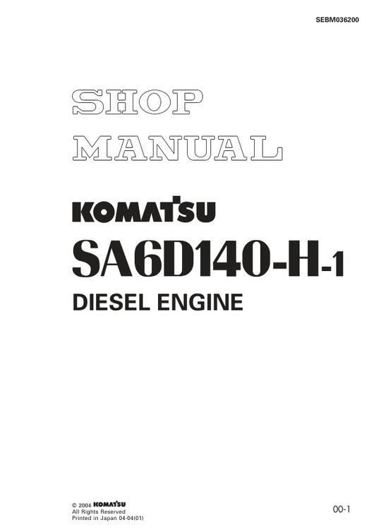 Unlock the full potential of your KOMATSU SA6D140-H-1 diesel engine with the comprehensive shop manual SEBM036200, available in a convenient PDF format. This essential guide provides detailed insights into maintenance, troubleshooting, and repair procedures, ensuring your engine operates at peak performance. With clear illustrations and step-by-step instructions, you'll save time and reduce costs by tackling repairs with confidence. Perfect for both professionals and DIY enthusiasts, this manual is your go-