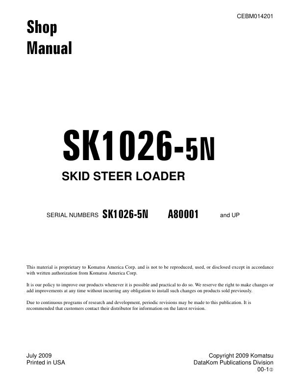Unlock the full potential of your KOMATSU SK1026-5N A80001 Skid Steer Loader with the comprehensive Shop Manual (CEBM014201) in PDF format. This essential guide provides detailed insights into maintenance, troubleshooting, and repair procedures, ensuring your equipment operates at peak performance. With easy navigation and clear illustrations, this manual is designed for both seasoned professionals and DIY enthusiasts, making it an invaluable resource for keeping your loader in top condition. Don't miss out