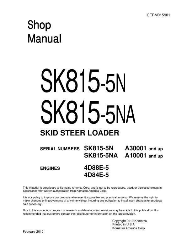 Unlock the full potential of your KOMATSU SK815-5N and SK815-5NA skid steer loaders with the comprehensive shop manual (CEBM015901) in PDF format. This essential resource provides detailed maintenance guidelines, troubleshooting tips, and repair procedures tailored specifically for models A30001 & UP and A10001 & UP. With easy navigation and clear illustrations, this manual ensures you can keep your equipment running smoothly and efficiently, saving you time and money on repairs. Invest in your machinery's 