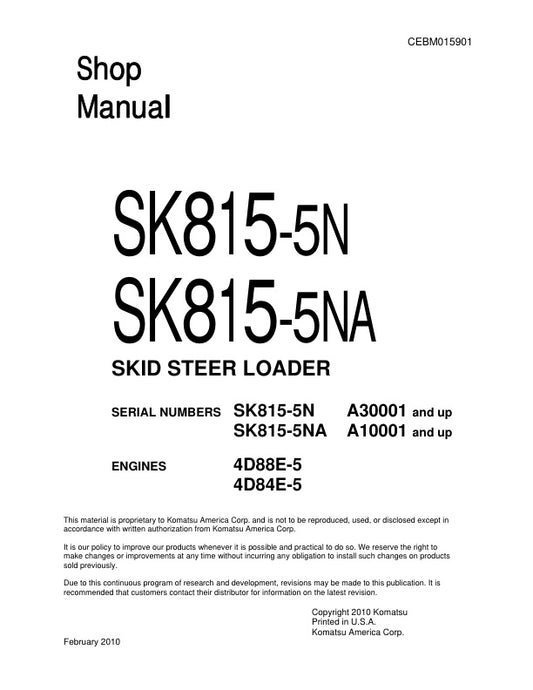 Unlock the full potential of your KOMATSU SK815-5N and SK815-5NA skid steer loaders with the comprehensive shop manual (CEBM015901) in PDF format. This essential resource provides detailed maintenance guidelines, troubleshooting tips, and repair procedures tailored specifically for models A30001 & UP and A10001 & UP. With easy navigation and clear illustrations, this manual ensures you can keep your equipment running smoothly and efficiently, saving you time and money on repairs. Invest in your machinery's 