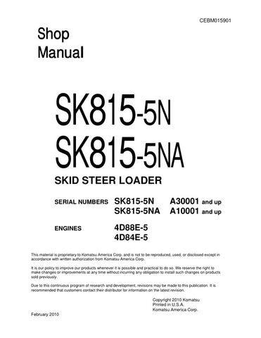 Unlock the full potential of your KOMATSU SK815-5N and SK815-5NA skid steer loaders with the comprehensive shop manual (CEBM015901) in PDF format. This essential resource provides detailed maintenance guidelines, troubleshooting tips, and repair procedures tailored specifically for models A30001 & UP and A10001 & UP. With easy navigation and clear illustrations, this manual ensures you can keep your equipment running smoothly and efficiently, saving you time and money on repairs. Invest in your machinery's 