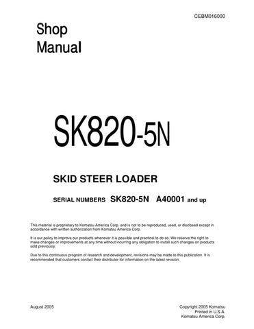 Unlock the full potential of your KOMATSU SK820-5N Skid Steer Loader with the comprehensive CEBM016000 Shop Manual, available in a convenient PDF format. This essential resource provides detailed maintenance guidelines, troubleshooting tips, and repair procedures tailored specifically for models A40001 and up. Enhance your operational efficiency and ensure your equipment runs smoothly with expert insights at your fingertips. Perfect for both seasoned professionals and DIY enthusiasts, this manual is your go