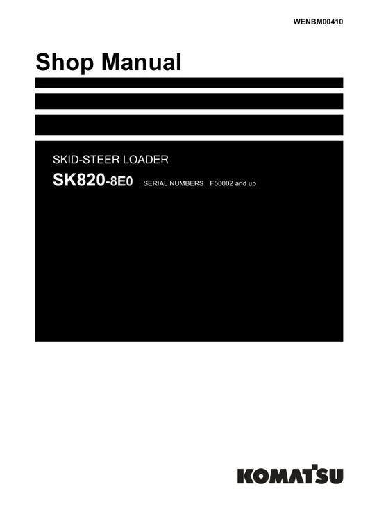 Unlock the full potential of your KOMATSU SK820-8E0 Skid-Steer Loader with the comprehensive shop manual (WENBM00410) designed for models F50002 and up. This PDF file is an essential resource for both professionals and DIY enthusiasts, providing detailed maintenance procedures, troubleshooting tips, and technical specifications to keep your equipment running smoothly. With easy navigation and clear illustrations, you can quickly find the information you need to ensure optimal performance and longevity of yo