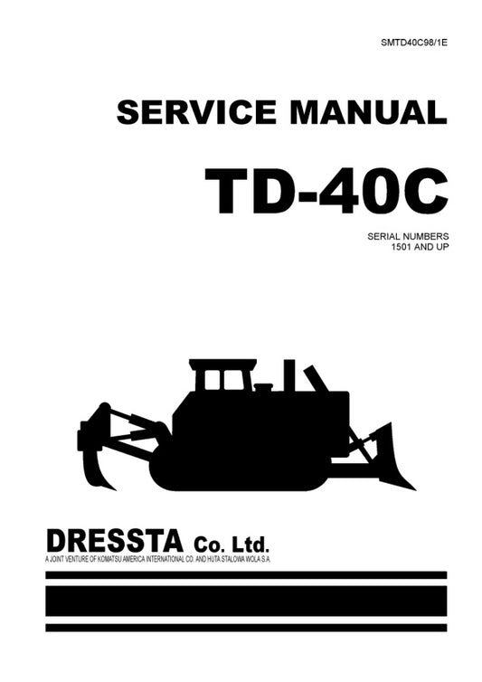 Unlock the full potential of your KOMATSU TD-40C with the comprehensive Shop Manual SMTD40C98/1E, designed specifically for models 1501 and up. This PDF file is an essential resource for technicians and DIY enthusiasts alike, offering detailed diagrams, troubleshooting tips, and maintenance procedures to keep your equipment running smoothly. With easy navigation and clear instructions, you can confidently tackle repairs and ensure optimal performance, making this manual a must-have for anyone looking to ext