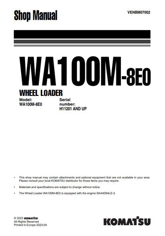 Unlock the full potential of your KOMATSU WA100M-8E0 Wheel Loader with the comprehensive shop manual VENBM07002, available in a convenient PDF format. This essential resource provides detailed insights into maintenance, troubleshooting, and repair procedures, ensuring your equipment operates at peak performance. With easy navigation and clear illustrations, this manual is designed for both seasoned professionals and DIY enthusiasts, making it an invaluable addition to your toolkit. Don't miss the opportunit