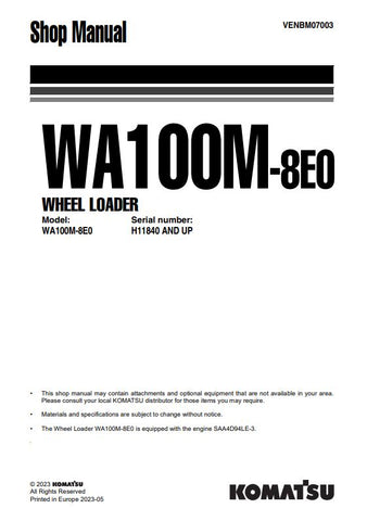 Unlock the full potential of your KOMATSU WA100M-8E0 Wheel Loader with the comprehensive shop manual VENBM07003, available in a convenient PDF format. This essential resource provides detailed insights into maintenance, troubleshooting, and repair procedures, ensuring your equipment operates at peak performance. With easy navigation and clear illustrations, this manual is designed for both seasoned professionals and DIY enthusiasts, making it an invaluable addition to your toolkit. Don't miss the opportunit