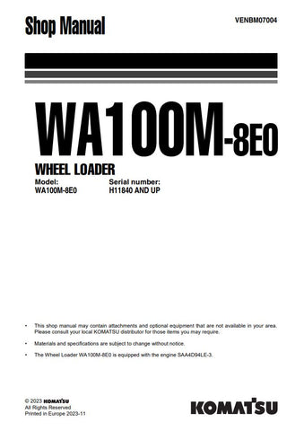 Unlock the full potential of your KOMATSU WA100M-8E0 Wheel Loader with the comprehensive Shop Manual (VENBM07004). This PDF file is an essential resource for operators and technicians alike, providing detailed insights into maintenance, troubleshooting, and repair procedures tailored specifically for models H11840 and up.